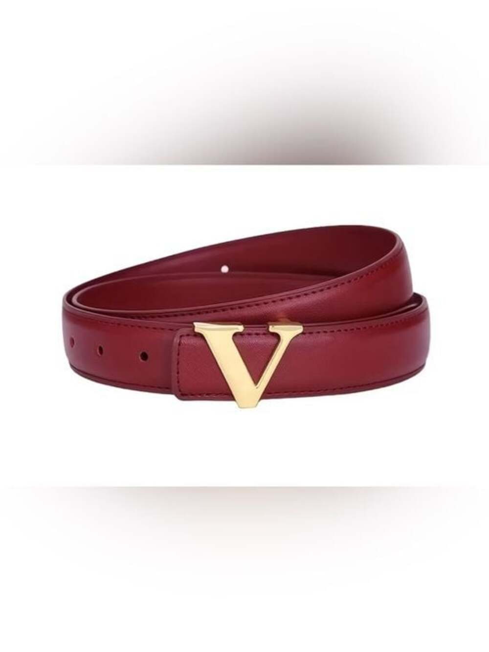 Women's Red Leather Belt with Gold V Buckle